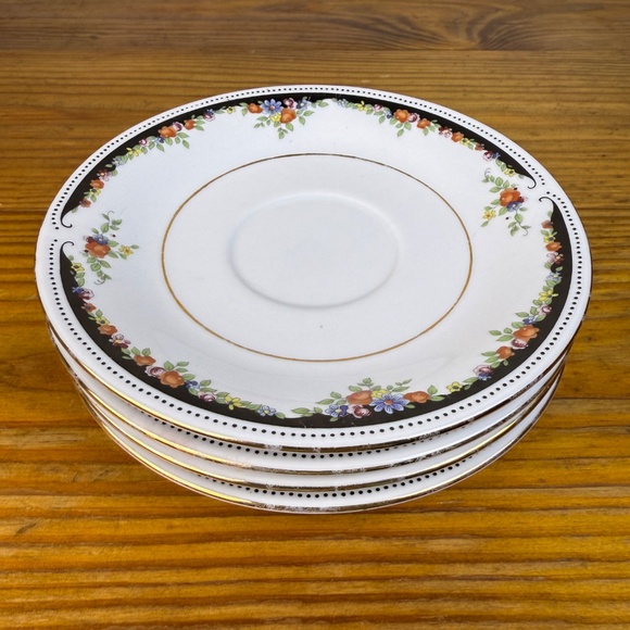 Lynn’s Fine China Other - Set of 4 Lynn’s Fine China Saucers – Floral Black & Gold Trim, 6.25”